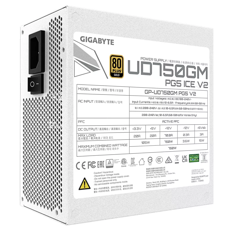 Power supply GIGABYTE UD750GM PG5 V2 750W ATX 3.1, 80 PLUS Gold, fully-modular, 8 SATA, 4x (6+2) PCIe, 2x EPS, white