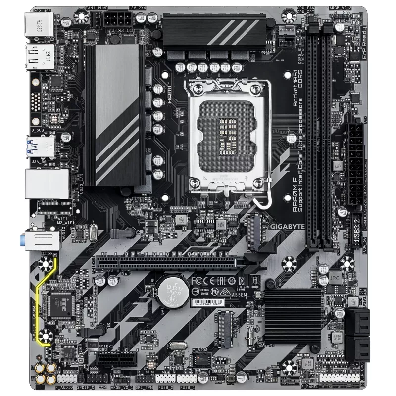 Micro-ATX motherboard GIGABYTE B860M E — LGA 1851 for Intel Core Ultra, DDR5 up to 8800 MHz (O.C), 2×PCIe 4.0 M.2, 1GbE