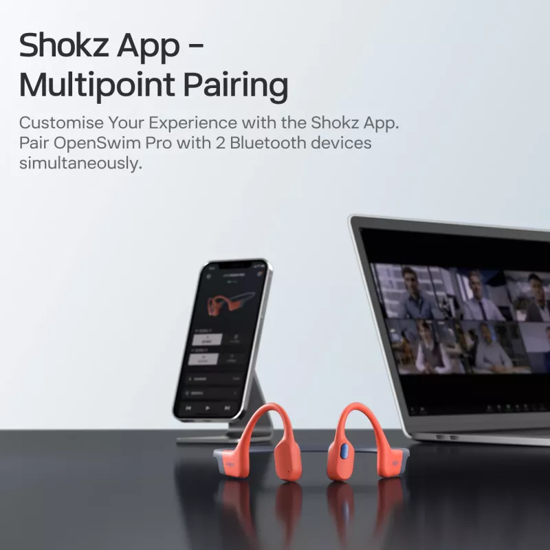 Headset Shokz OpenSwim Pro — open-ear bone conduction wireless headset, IP68 waterproof, Bluetooth 5.4, 32 GB, 9 h playback, grey