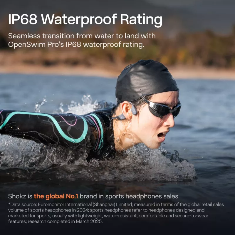 Headset Shokz OpenSwim Pro — open-ear bone conduction wireless headset, IP68 waterproof, Bluetooth 5.4, 32 GB, 9 h playback, grey