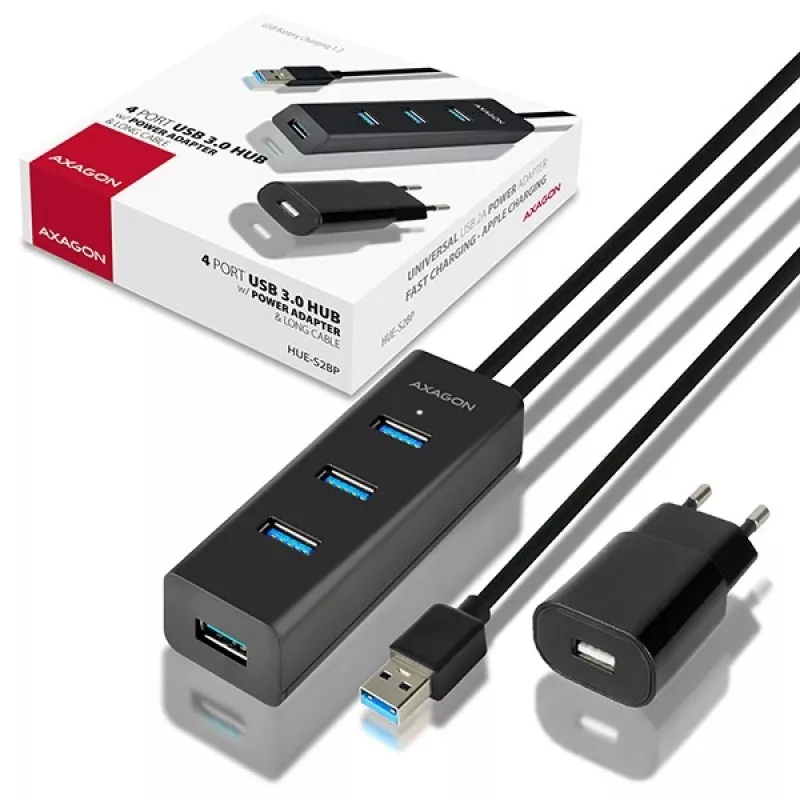 Axagon HUE-S2BP 4x USB 3.0 CHARGING hub w. 1.2m cable incl. AC adapter