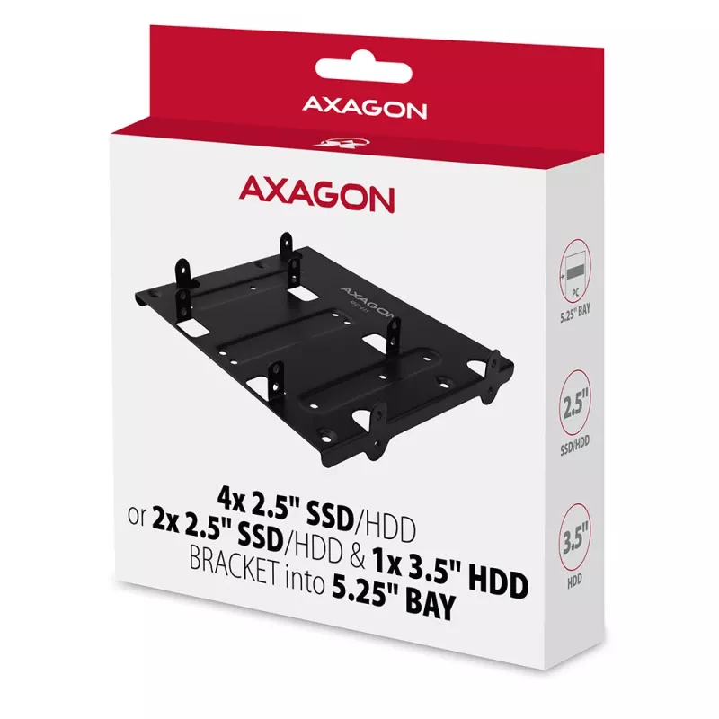 Axagon RHD-435 bracket for 4x 2.5 inch or 2x 2.5 inch HDD/SSD & 1x 3.5 inch HDD into 5.25 inch bay, metal