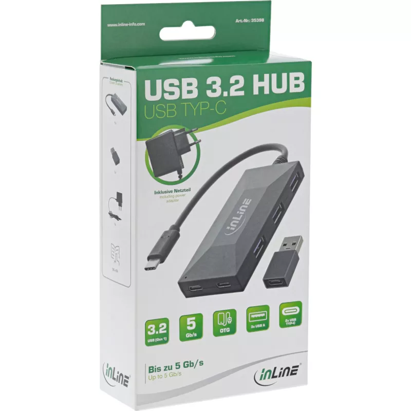 InLine USB 3.2 Gen.1 Hub, USB-C to 2 Port USB-C and 3 Port USB-A, with PSU
