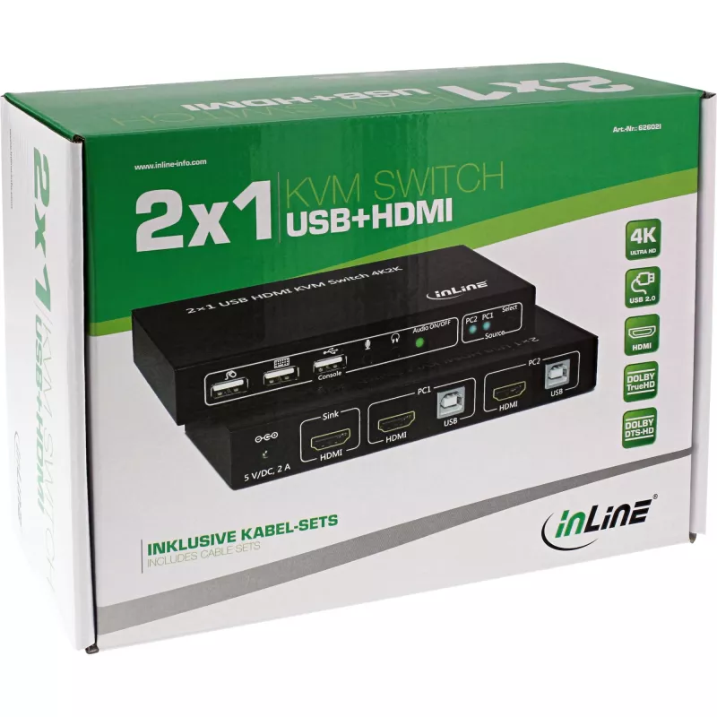InLine The 2x1 HDMI KVM Switch, 2x1, HDMI 4K2K, USB 2.0 Hub, with Audio