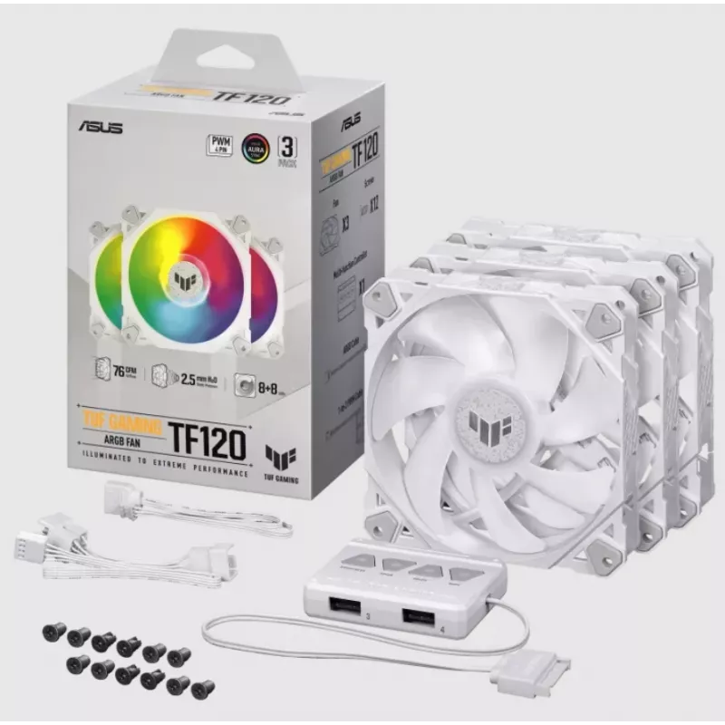Air cooler ASUS TUF GAMING TF120 ARGB WHITE EDITION — 3×120 mm fans, 1900 RPM, 29 dB, remote control