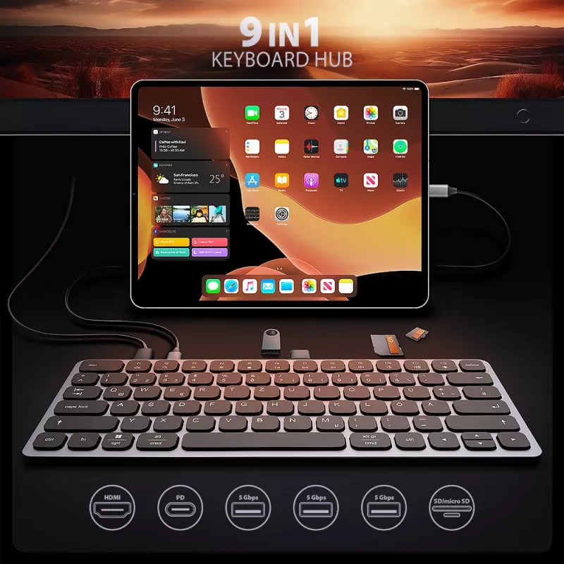 Axagon HMC-KB-GE, USB 5Gbps hub w. keyboard, HDMI 4K/60Hz, 3x USB-A, SD/mSD, audio, PD 100, German layout