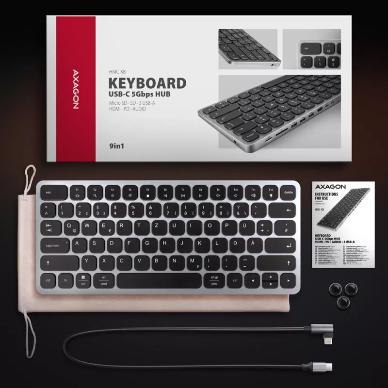Axagon HMC-KB-GE, USB 5Gbps hub w. keyboard, HDMI 4K/60Hz, 3x USB-A, SD/mSD, audio, PD 100, German layout