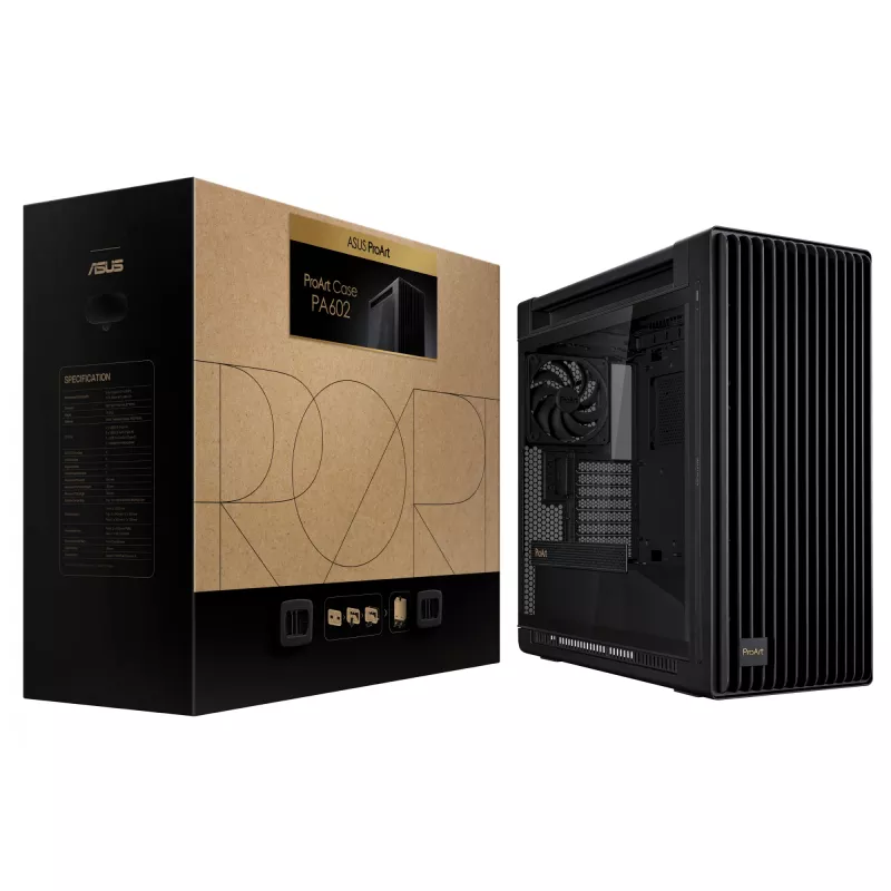 PC Case ASUS ProArt PA602 Midi Tower Black — ATX/EATX support, tempered glass, 2x200mm front fans, 360mm top radiator, GPU up to 450mm