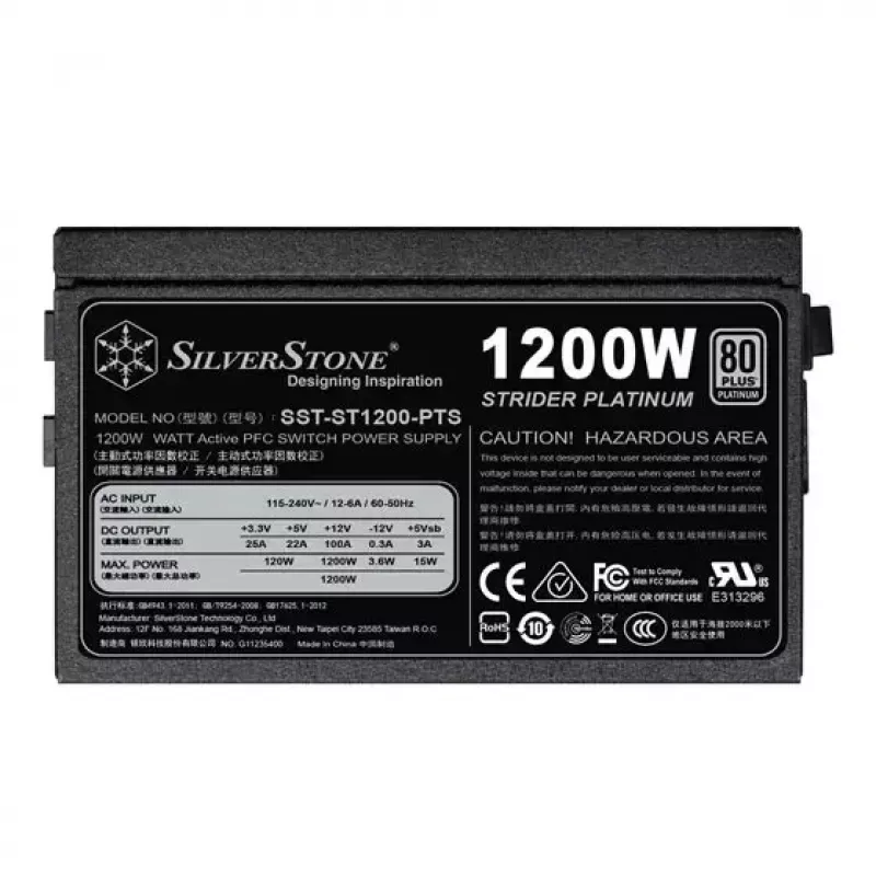 Power supply SILVERSTONE ST1200-PTS 1200 W 80 PLUS Platinum, 20+4 pin ATX, 120 mm fan, Black