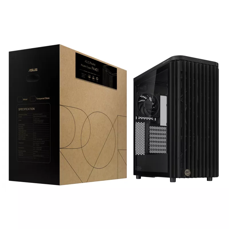 PC case ASUS ProArt PA401 Wood TG PWM Tower Black — ATX, tempered glass, 2x160mm front fans, USB-C, supports GPU 31.5 cm