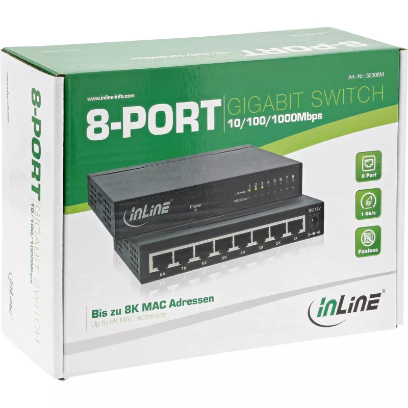 InLine Network Switch 8-Port, 1Gb/s, Desktop, Metal, fanless, shielded ports
