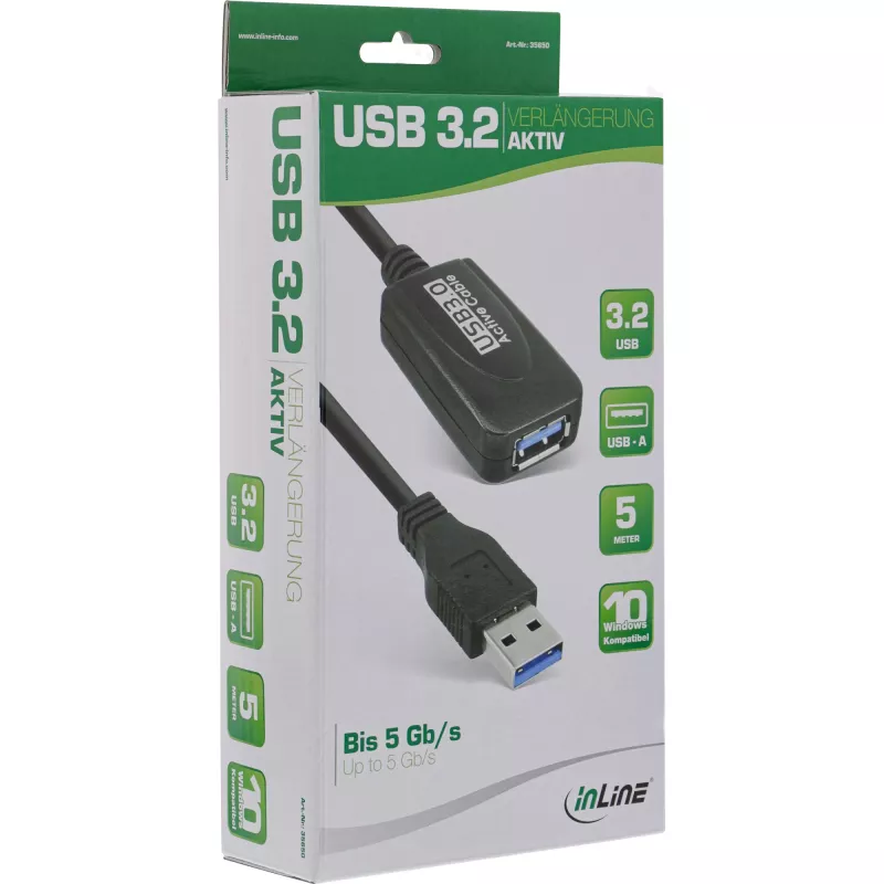 InLine USB3.2 Gen.1 Active Repeater Cable Type A male / female, black, 5m