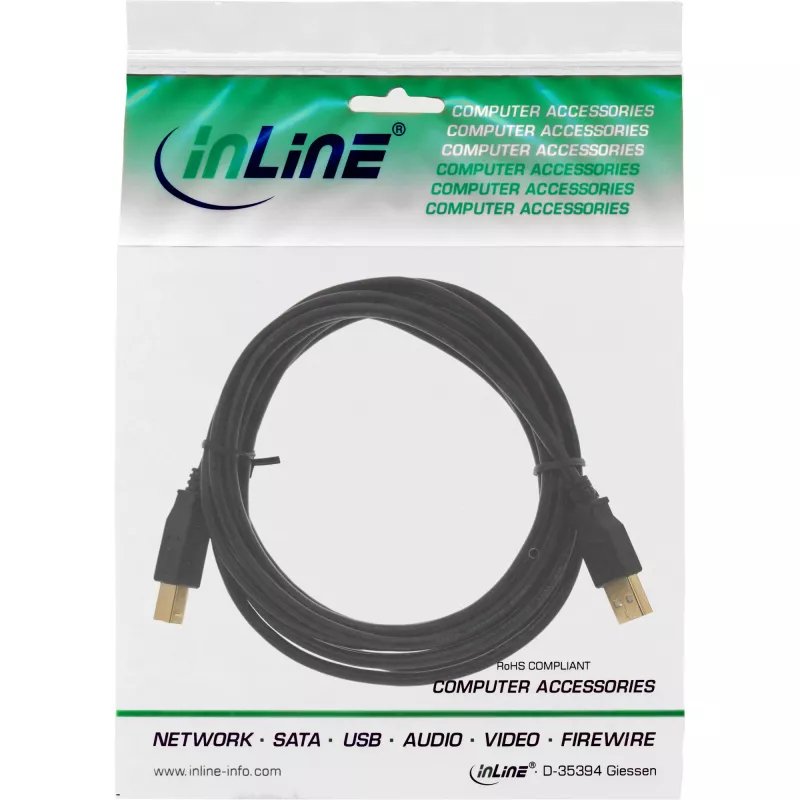 InLine USB 2.0 Cable Type A male / Type B female black, gold plated, 10m