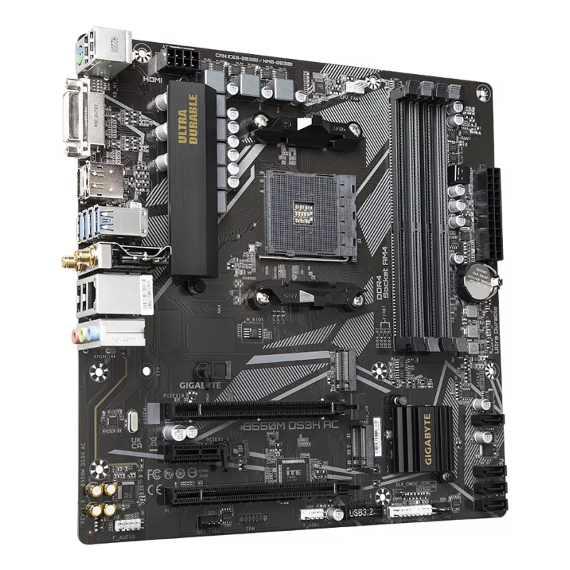 GIGABYTE B550M DS3H AC Motherboard - AMD Ryzen 5000 CPUs, 5+3 Phases VRM, up to 4733MHz DDR4, 1xPCIe 4.0 + 1xPCIe 3.0 M.2, Wi-Fi 5, 1GbE LAN, USB 3.2 Gen 1