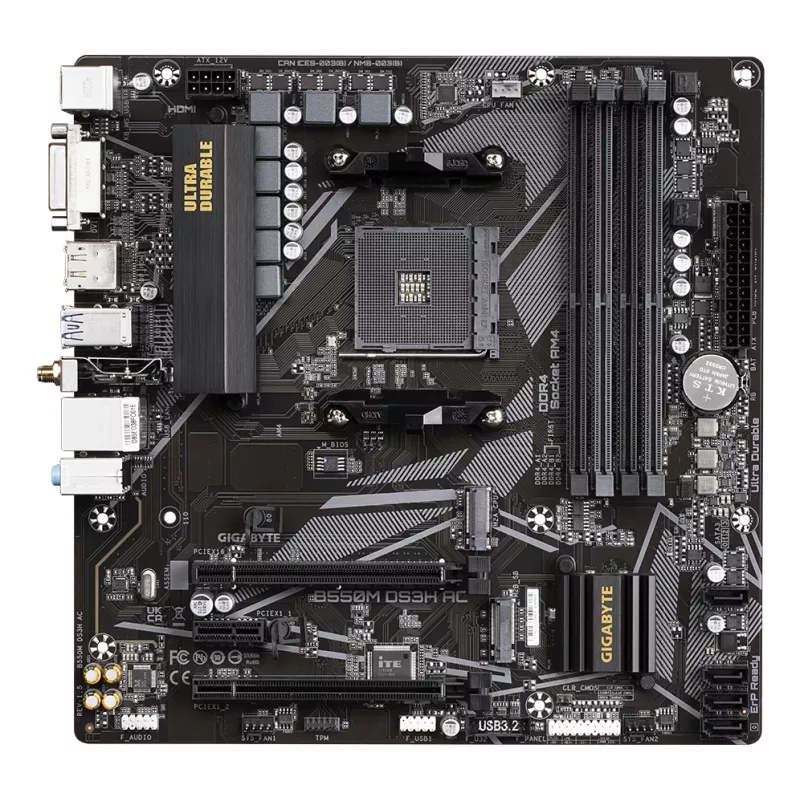 GIGABYTE B550M DS3H AC Motherboard - AMD Ryzen 5000 CPUs, 5+3 Phases VRM, up to 4733MHz DDR4, 1xPCIe 4.0 + 1xPCIe 3.0 M.2, Wi-Fi 5, 1GbE LAN, USB 3.2 Gen 1
