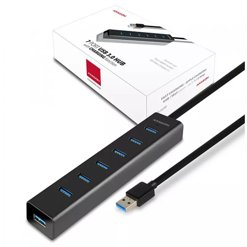 Axagon HUE-SA7BP 7x USB 3.0 ALU CHARGING hub BLACK incl. AC adapter