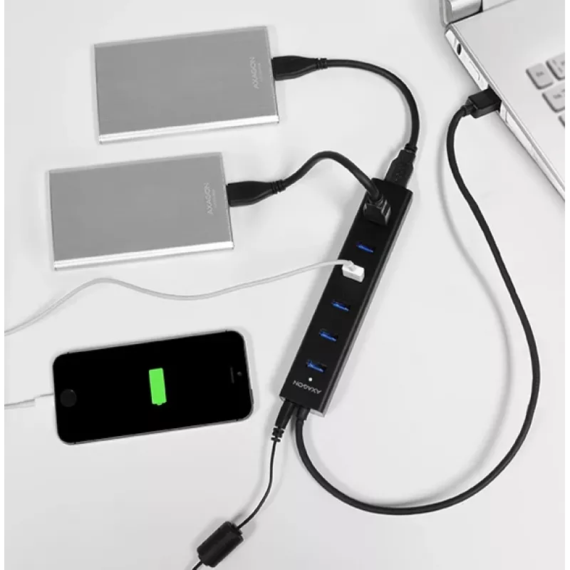Axagon HUE-SA7BP 7x USB 3.0 ALU CHARGING hub BLACK incl. AC adapter