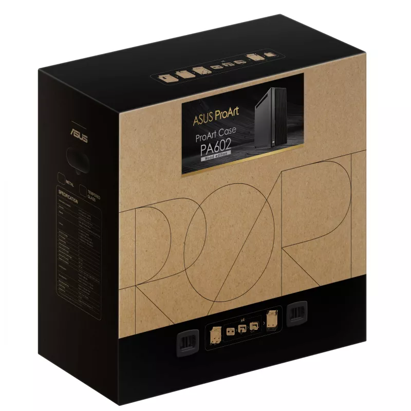 PC Case ASUS ProArt PA602 Wood Edition Midi Tower Black — EATX support, 45 cm GPU, 19 cm PSU/cooler, 8 HDD bays, USB-C