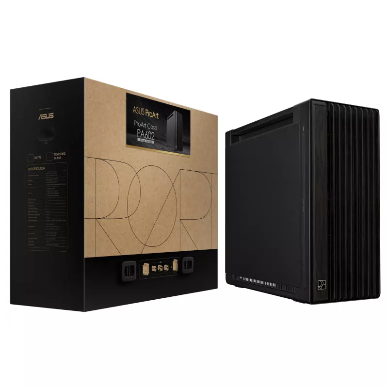 PC Case ASUS ProArt PA602 Wood Edition Midi Tower Black — EATX support, 45 cm GPU, 19 cm PSU/cooler, 8 HDD bays, USB-C