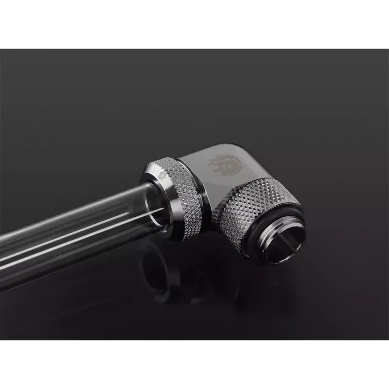 Liquid cooling fitting BitsPower BP-E90RML — brass 90° rotary elbow, 1/4 inch thread, silver