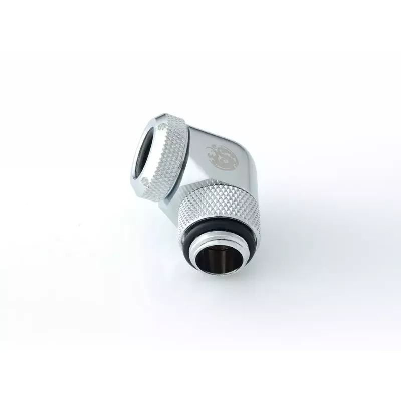 Liquid cooling fitting BitsPower BP-E90RML — brass 90° rotary elbow, 1/4 inch thread, silver