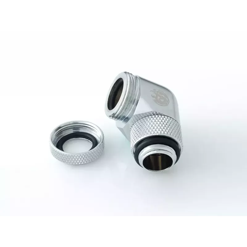Liquid cooling fitting BitsPower BP-E90RML — brass 90° rotary elbow, 1/4 inch thread, silver