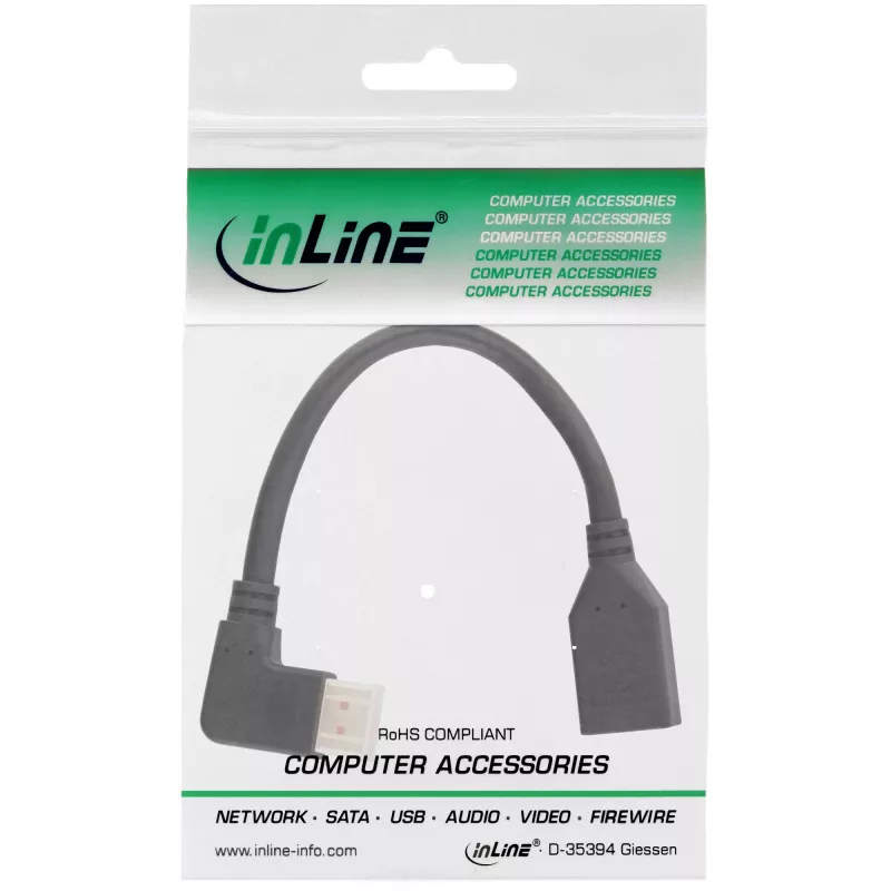 InLine DisplayPort 1.4 adapter cable M/F, 8K4K, angled left, black/gold, 0.15m