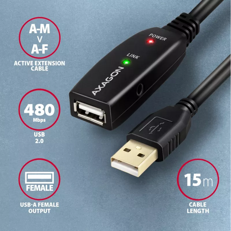 Axagon ADR-215 USB 2.0 A-M -> A-F active extension/repeater cable 15m