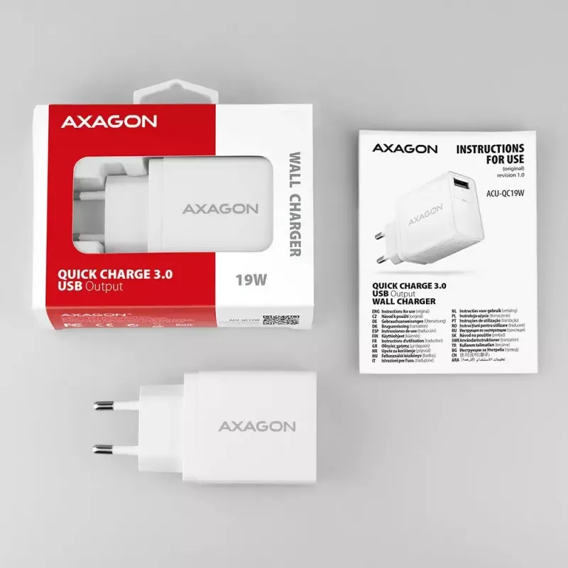 Axagon ACU-QC19W wall charger 1x QC3.0/AFC/FCP/SMART 19W white