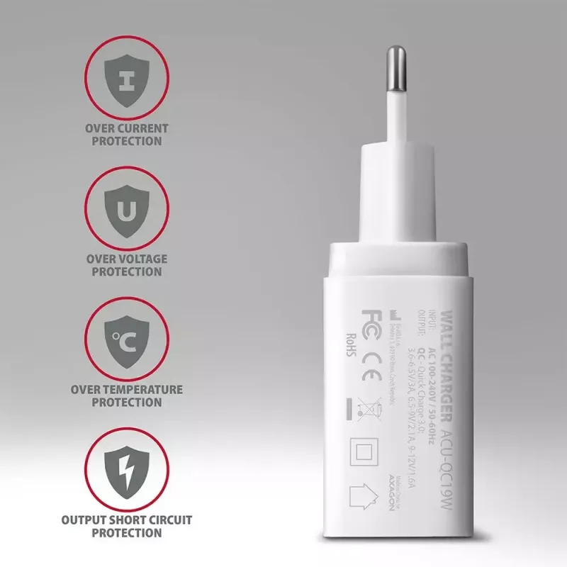 Axagon ACU-QC19W wall charger 1x QC3.0/AFC/FCP/SMART 19W white