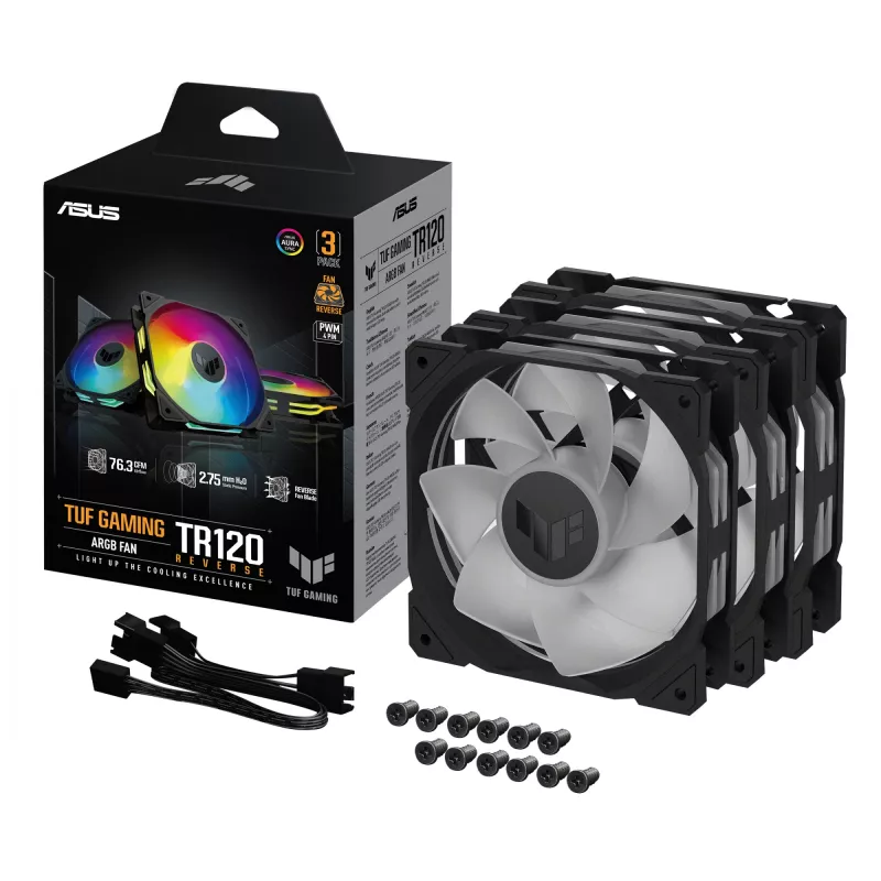 Fan ASUS TUF Gaming TR120 ARGB Reverse Triple Pack — 3×120 mm, 2200 RPM, PWM, 2.75 mmH2O, 16 LEDs, Black