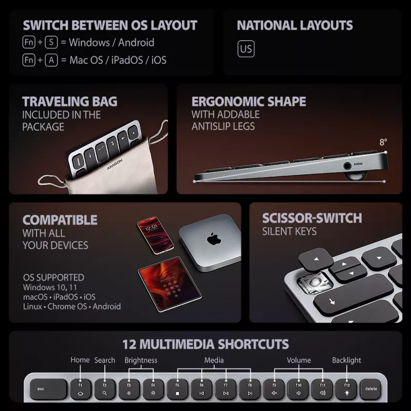Axagon HMC-KB-US, USB 5Gbps hub w. keyboard, HDMI 4K/60Hz, 3x USB-A, SD/mSD, audio, PD 100, US layout