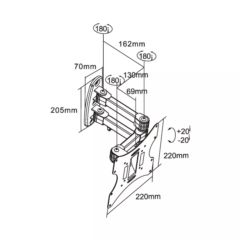 Wall bracket InLine for TFT/LED/Plasma 58–107 cm (23–42 inch) tilt/swivel, VESA 100x100–200x200, max 30 kg, black