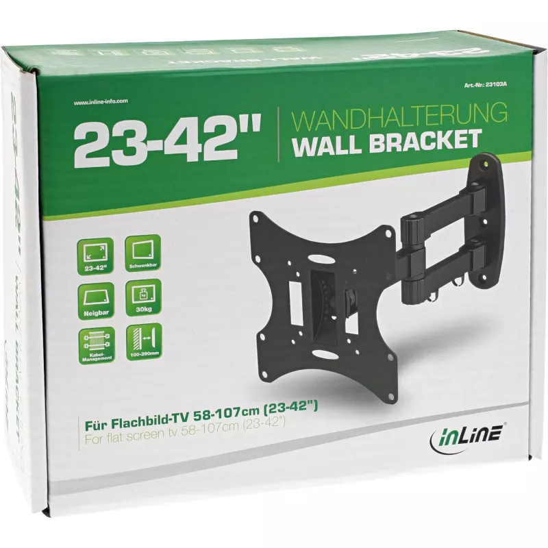 Wall bracket InLine for TFT/LED/Plasma 58–107 cm (23–42 inch) tilt/swivel, VESA 100x100–200x200, max 30 kg, black