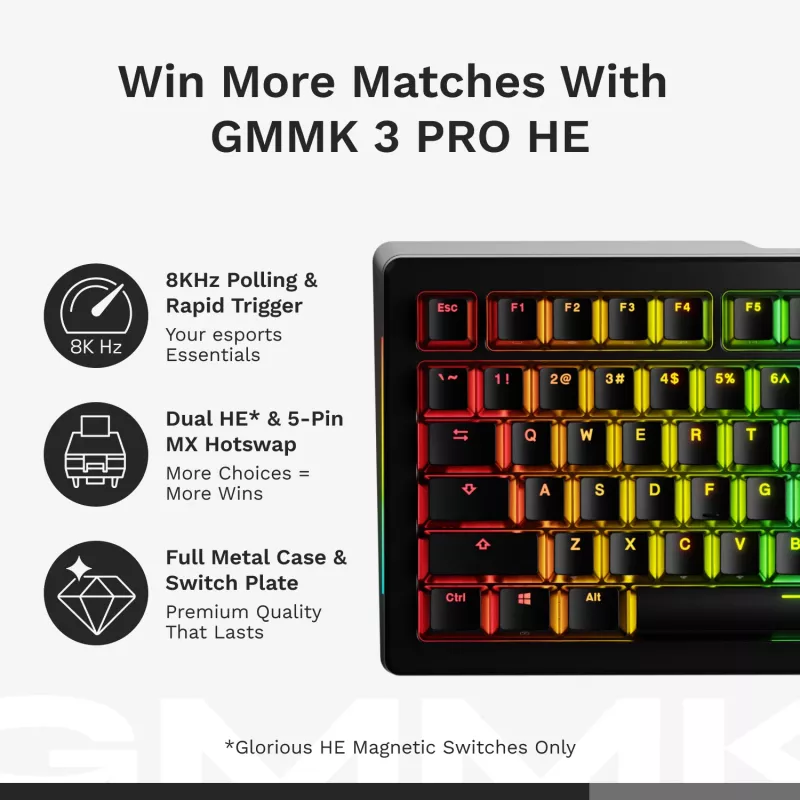 Mechanical Gaming Keyboard GLORIOUS GMMK 3 PRO HE 75% Wired USB, QWERTY, RGB, Black