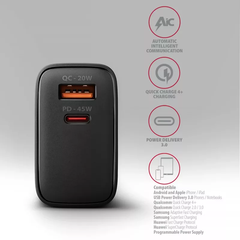Charger Axagon ACU-PQ45 QC 3.0 4.0 AFC FCP PPS PD 45W Black