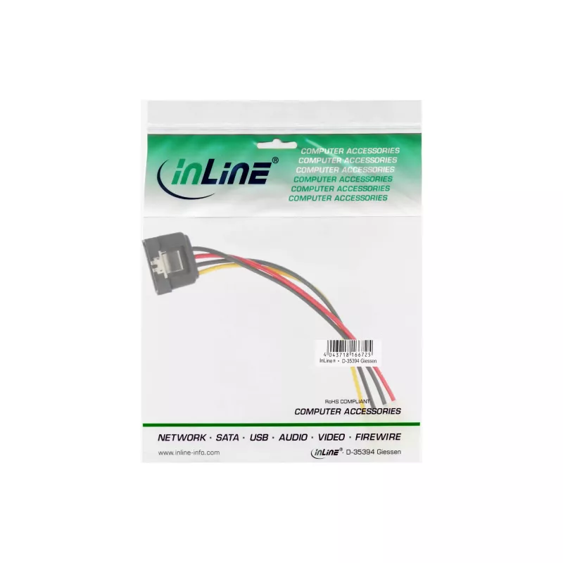 InLine SATA Power Adapter Cable 4pin Molex / 15pin SATA with latch 0.15m