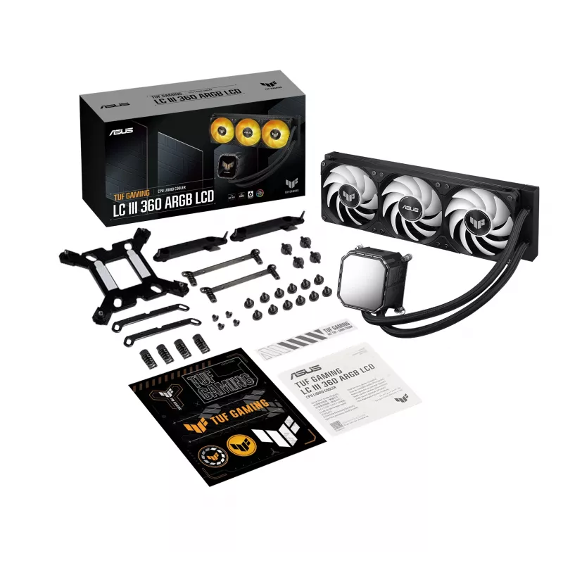 All-in-one liquid cooler ASUS TUF Gaming LC III 360 ARGB LCD — 360 mm radiator, 3x 120 mm fans, Socket AM5/AM4/LGA1700/LGA1200, Black