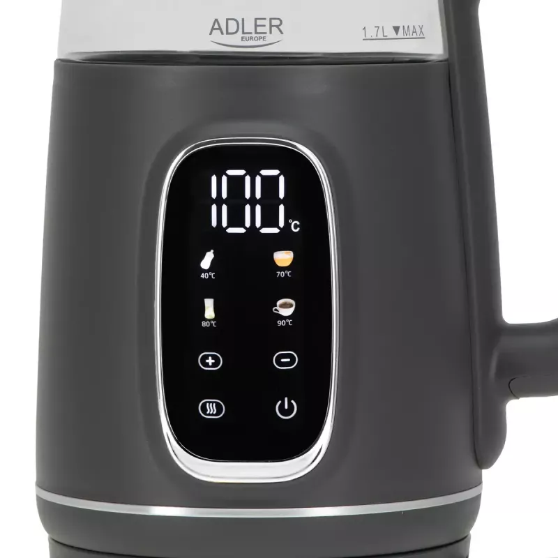 Electric kettle Adler AD 1305 G — 1.7 L, 2200 W, adjustable thermostat, LED display, grey
