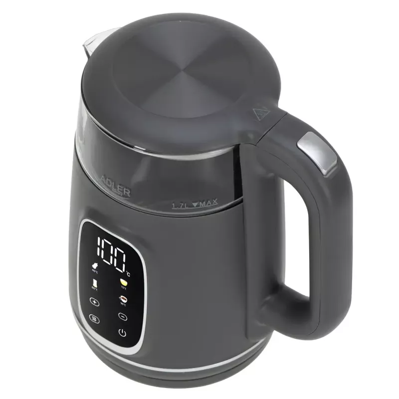 Electric kettle Adler AD 1305 G — 1.7 L, 2200 W, adjustable thermostat, LED display, grey