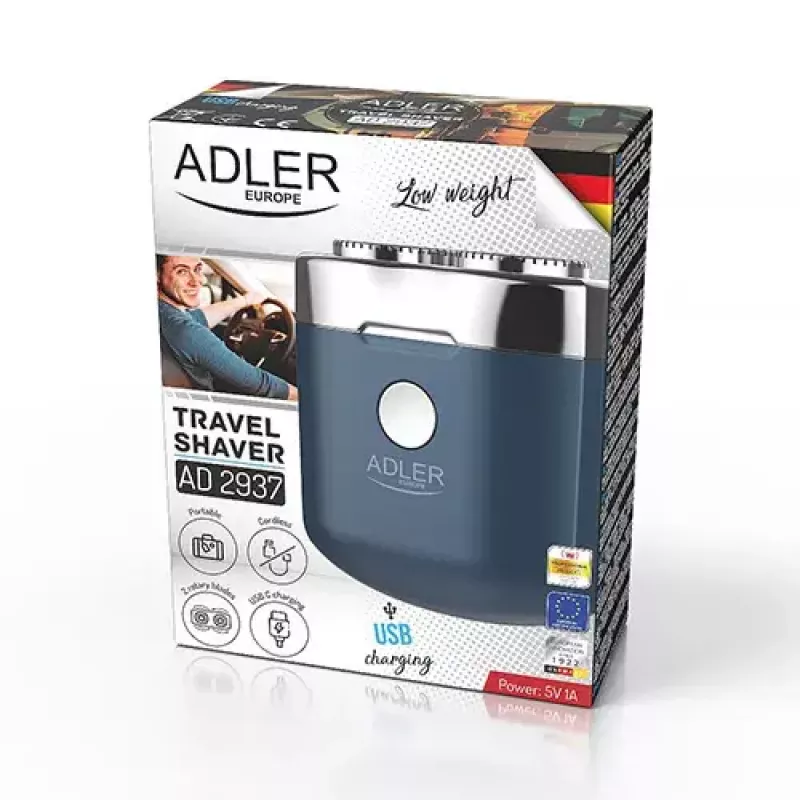 Rotation shaver Adler AD 2937, 2 rotary heads, rechargeable Li-Ion 250 mAh, washable, cordless, blue