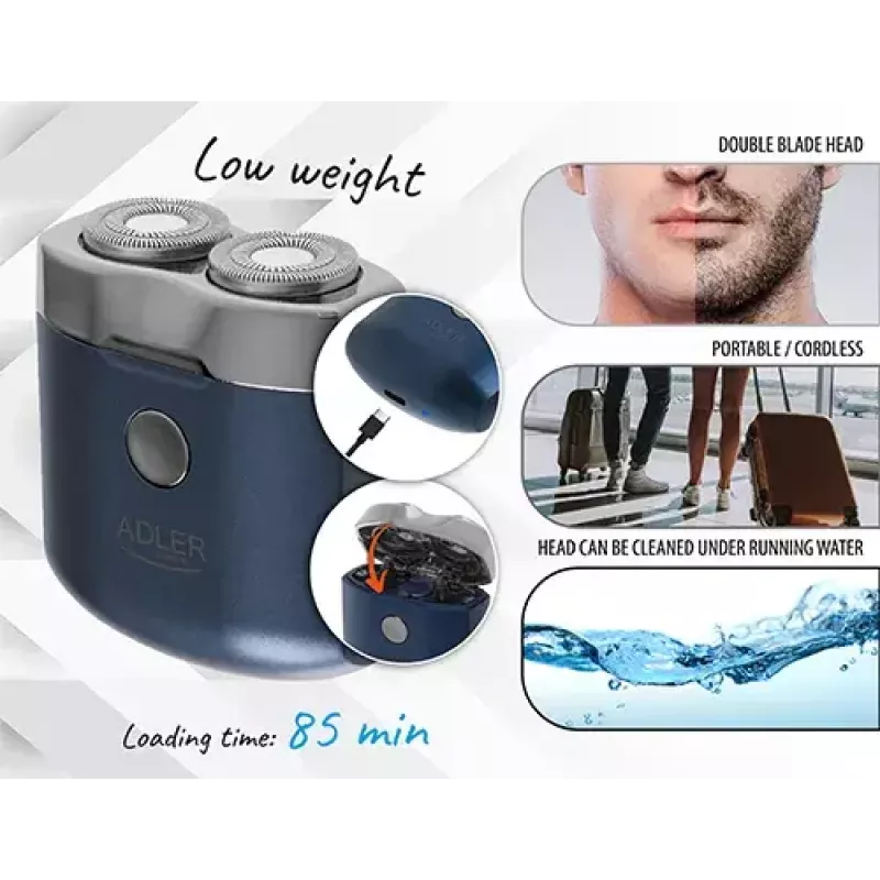 Rotation shaver Adler AD 2937, 2 rotary heads, rechargeable Li-Ion 250 mAh, washable, cordless, blue
