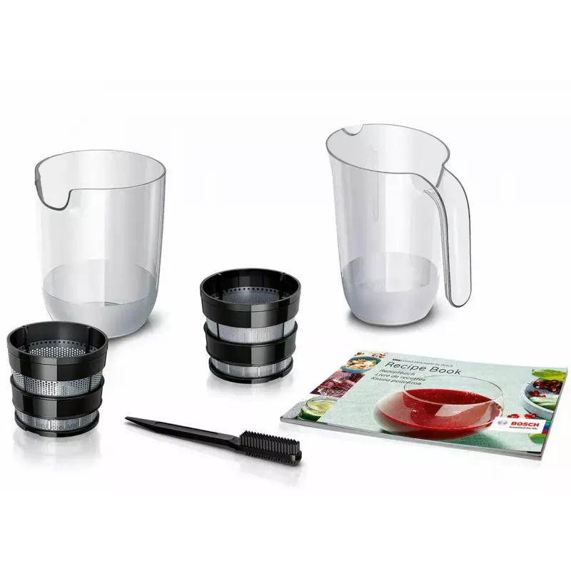 Slow juicer Bosch MESM500W — 150 W motor, 1 L juice container, compact 152×152×427 mm, white/black