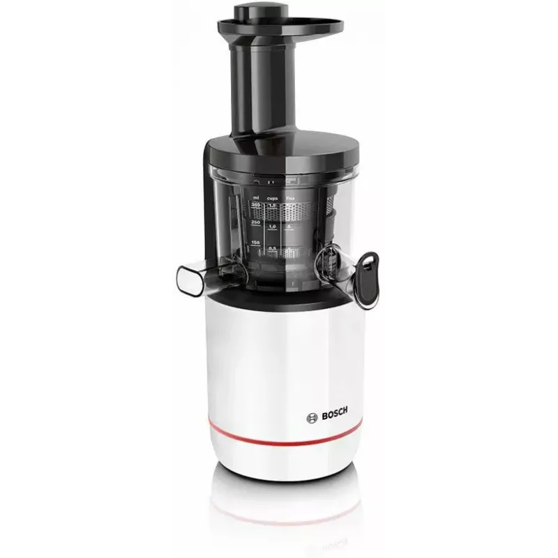 Slow juicer Bosch MESM500W — 150 W motor, 1 L juice container, compact 152×152×427 mm, white/black