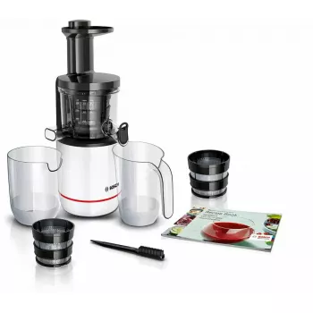 Slow juicer Bosch MESM500W — 150 W motor, 1 L juice container, compact 152×152×427 mm, white/black