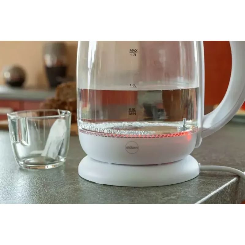 Electric kettle Eldom C510B 1.7 L 2200 W White — glass and plastic housing, button lid, cordless 360° base