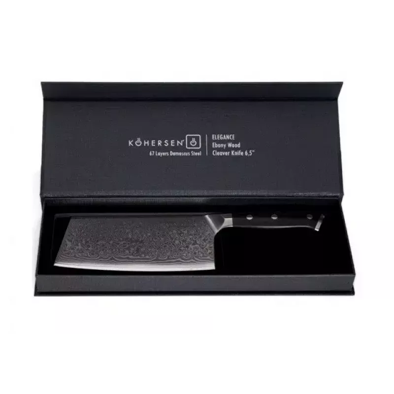 Cleaver KOHERSEN Elegance Ebony Wood Damascus steel cleaver 16.5 cm, 60 HRC, 13 cm handle, 335 g