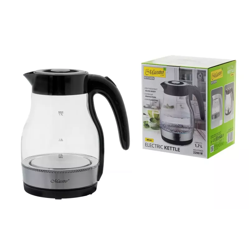 Maestro MR-061 Electric Kettle, Glass, 2200 W, Black