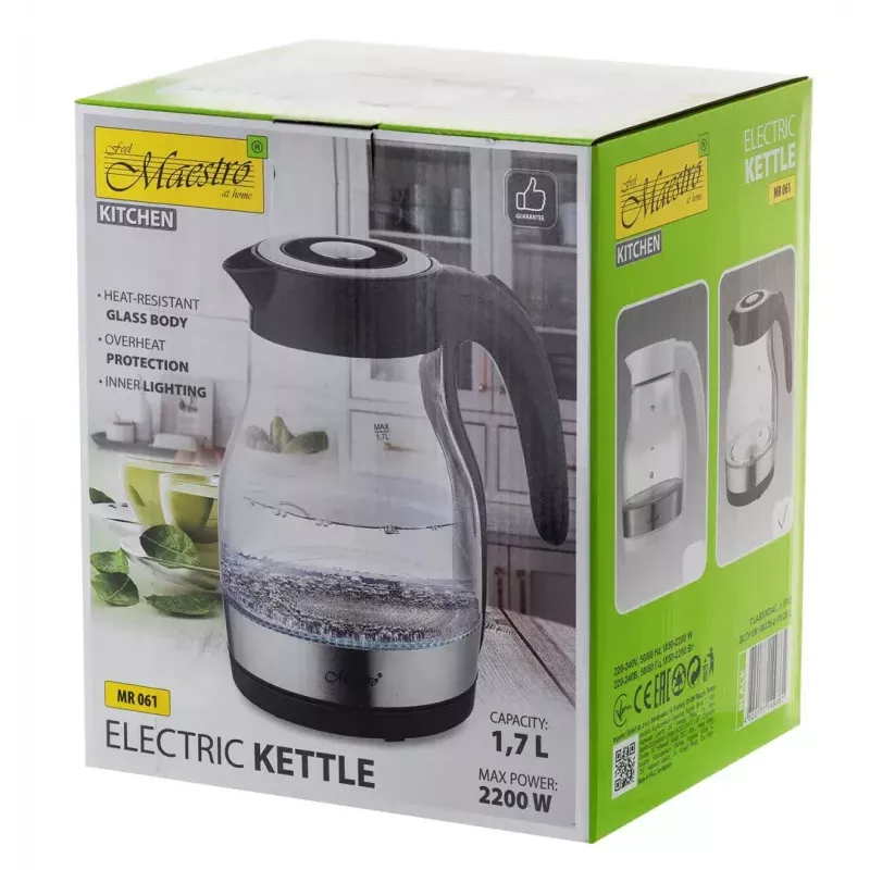 Maestro MR-061 Electric Kettle, Glass, 2200 W, Black