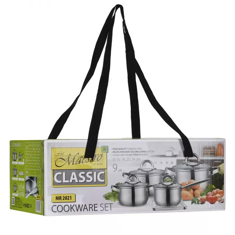Cookware set Maestro MR-2021 — 9-piece stainless steel, induction compatible, wall thickness 0.6 mm, lids included